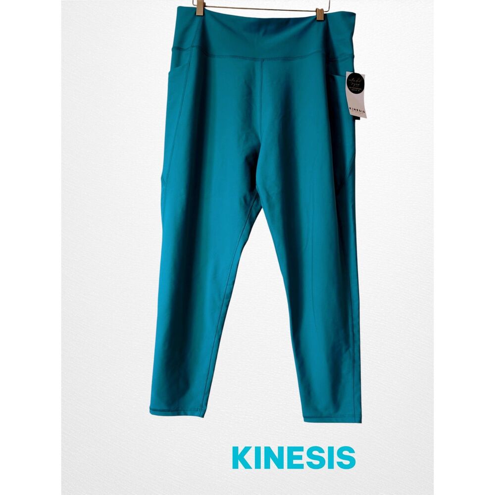 Kinesis Activewear Leggings Teal Blue High Rise Ankle Pocket Sz 2X - Picture 1 of 10